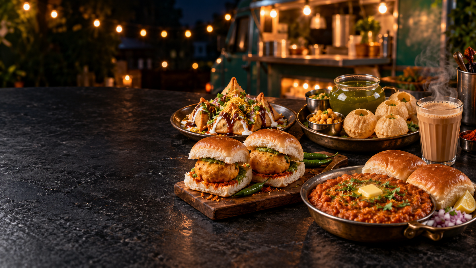 Vada pav, samosa chaat, pani puri, pav bhaji and masala chai at a food truck