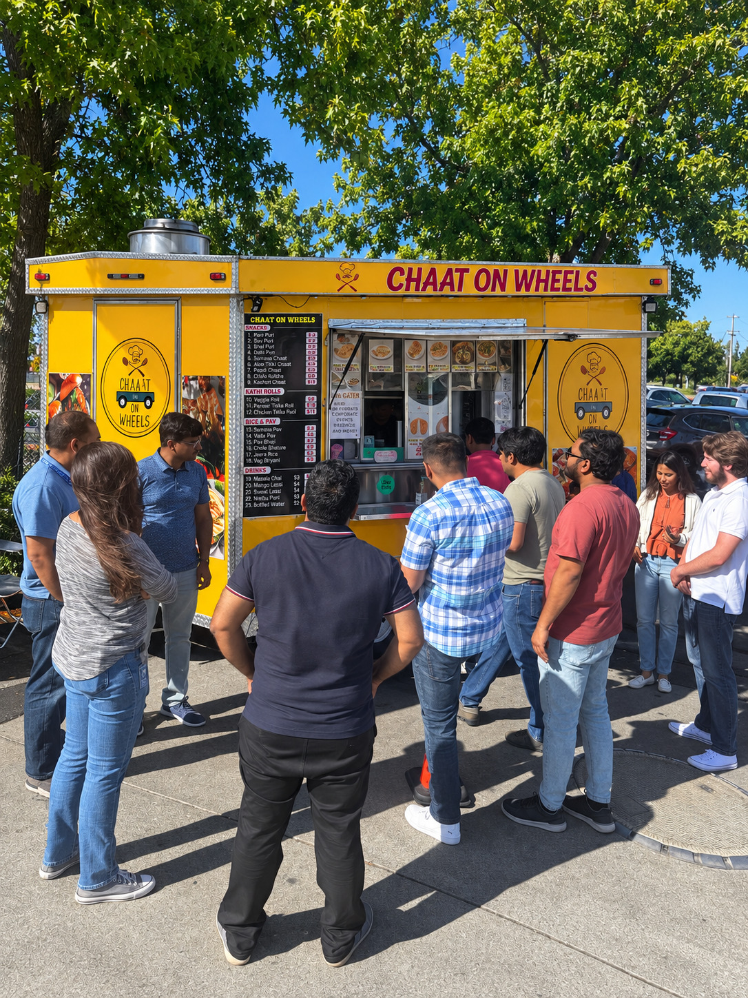 Guests gathered around the Chaat on Wheels truck at a catered event