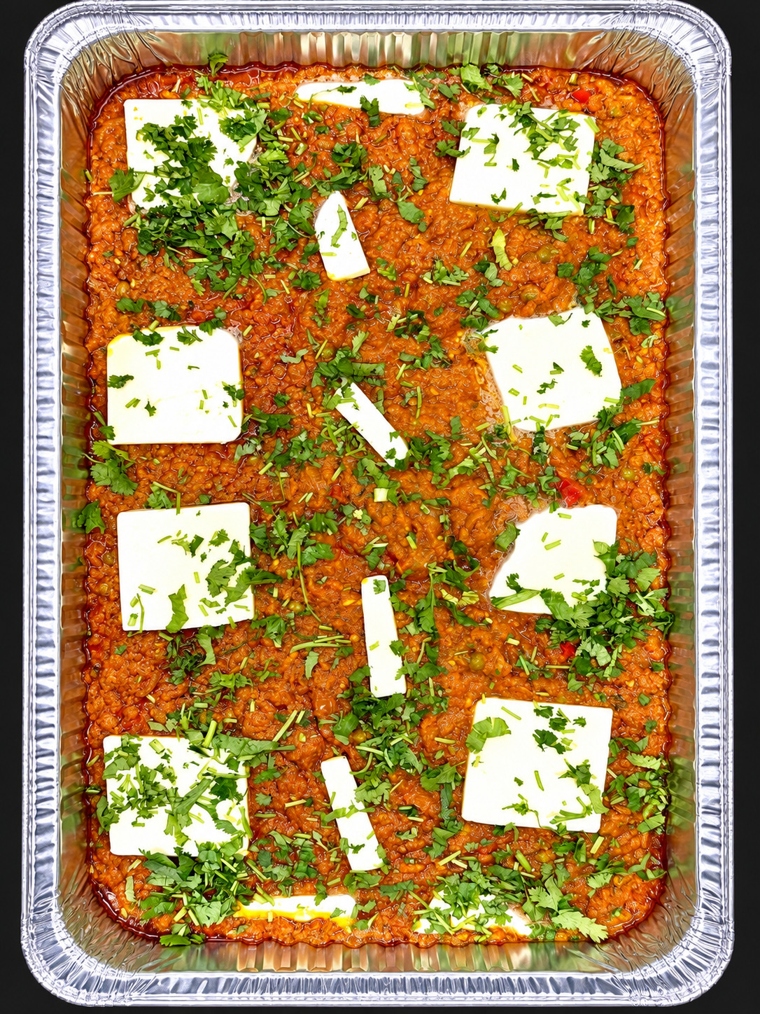 A large catering tray of paneer curry topped with butter and fresh cilantro
