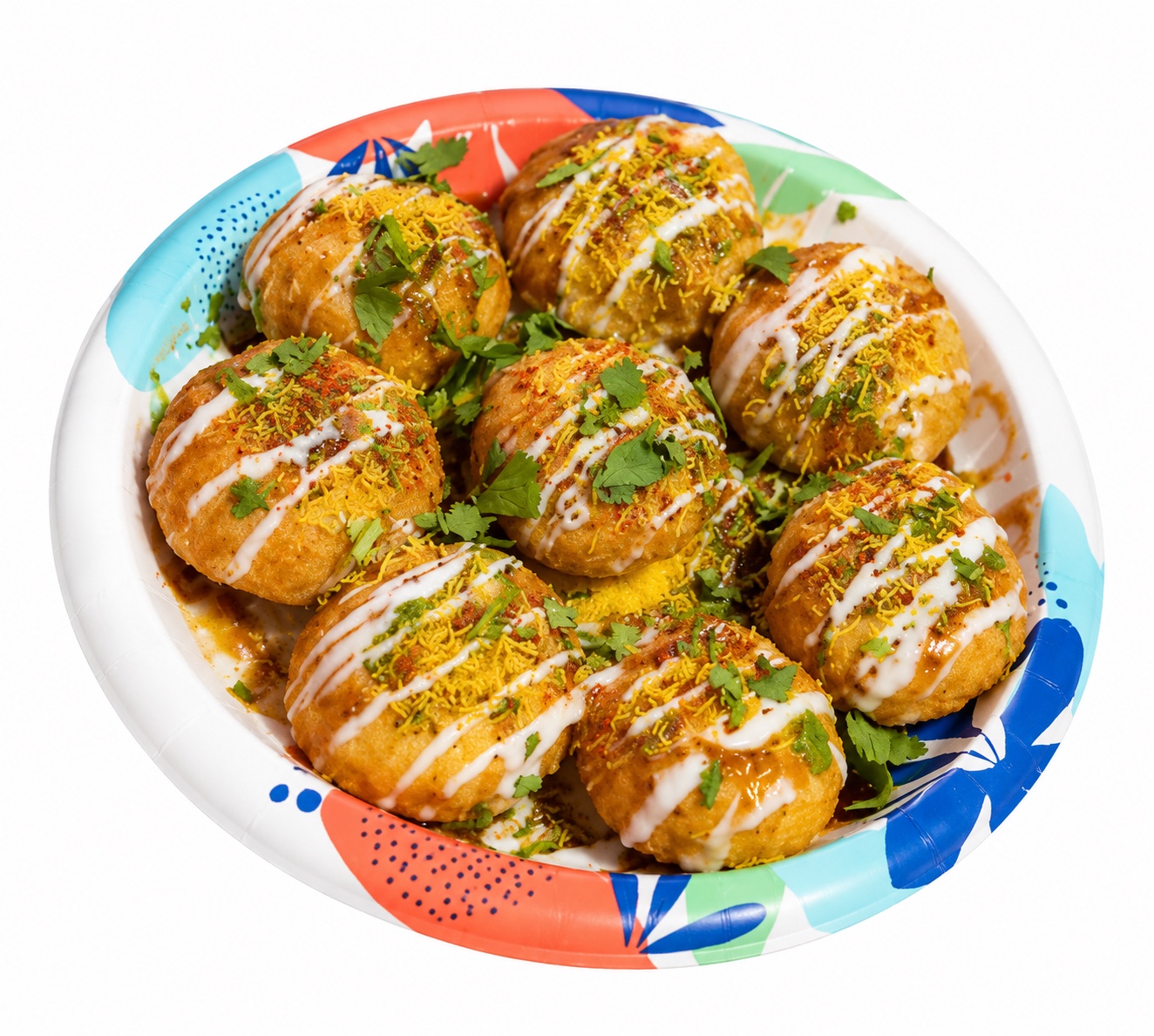 Dahi Batata Sev Puri topped with yogurt, chutneys, sev and fresh cilantro