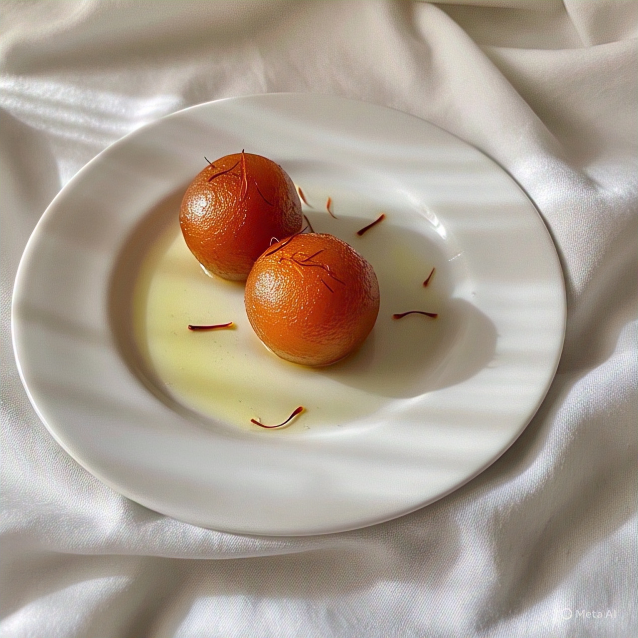 Two gulab jamun served in saffron syrup